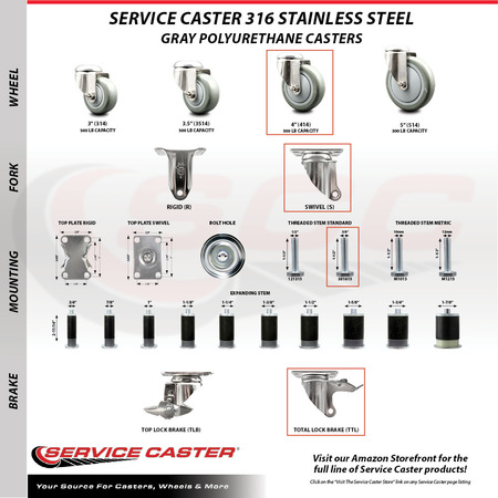 Service Caster 4 Inch 316SS Gray Polyurethane 3/8 Inch Threaded Stem Caster Lock Brake, 2PK SCC-SS316TSTTL20S414-PPUB-381615-2S2